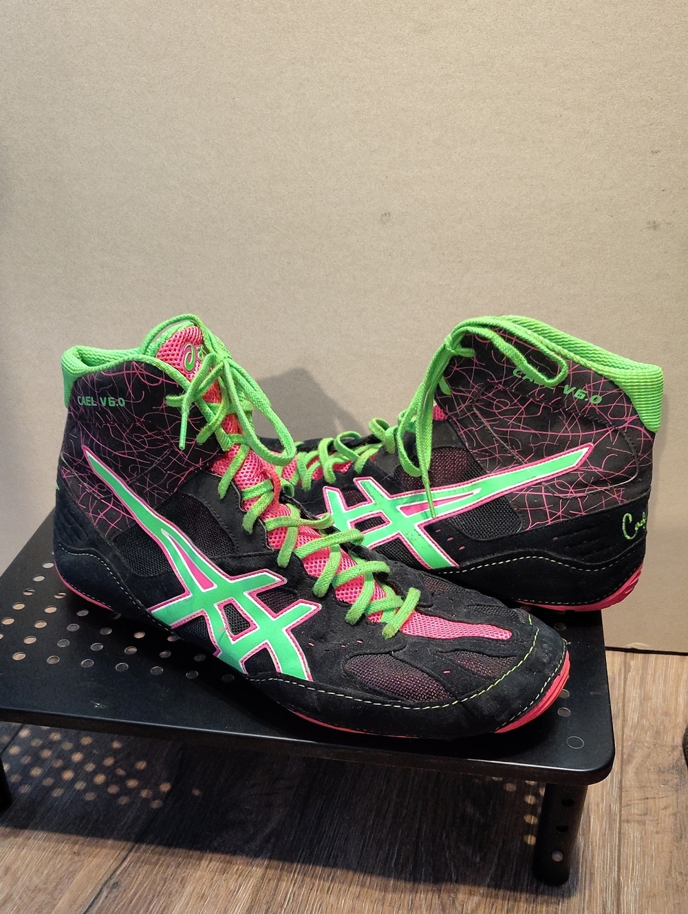 Asics Black Wrestling Shoes with Neon Green & Pink Accents